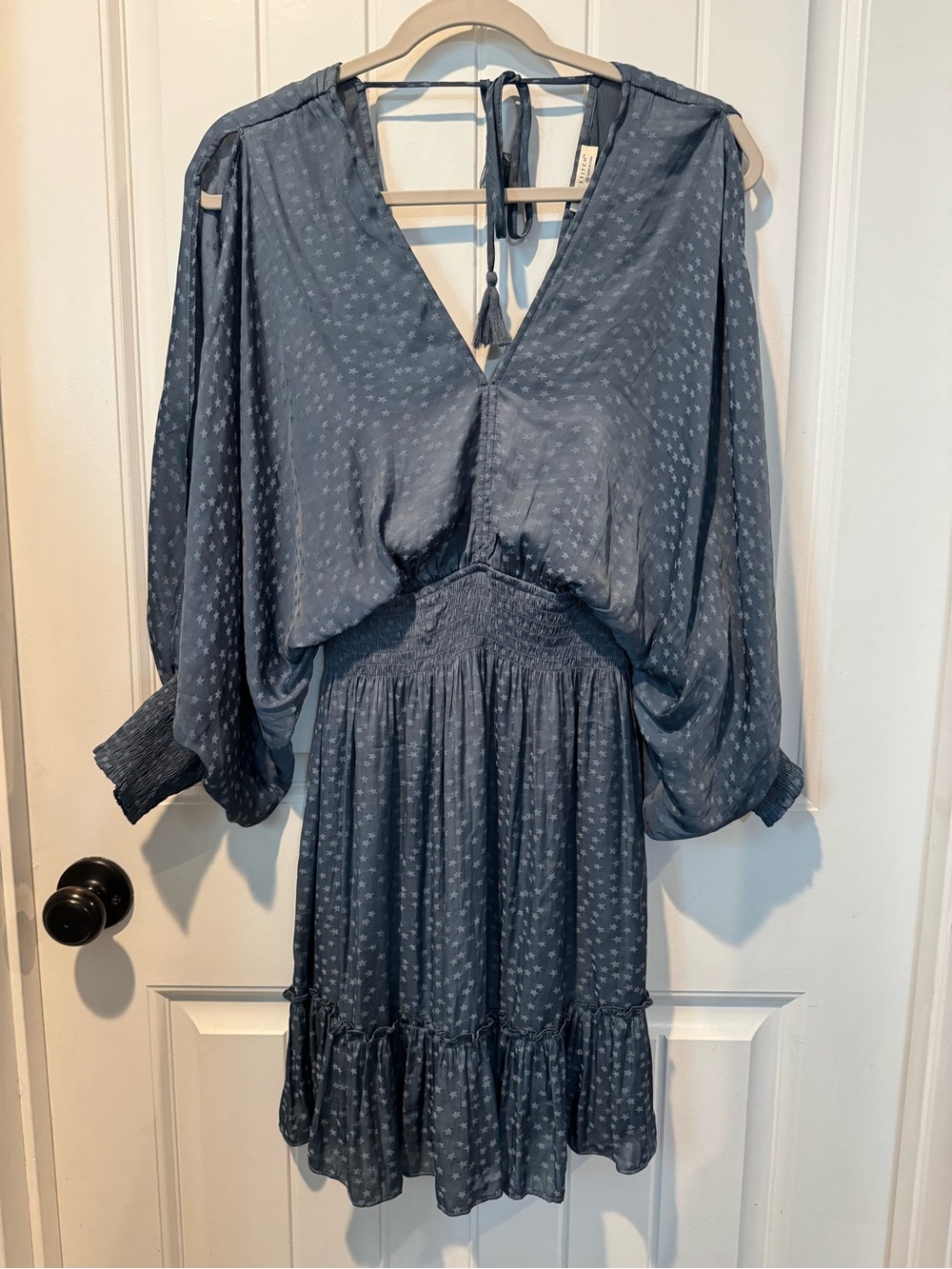 lovestitch Dusty Blue Smocked-Waist V-Neck Long Sleeve Dress